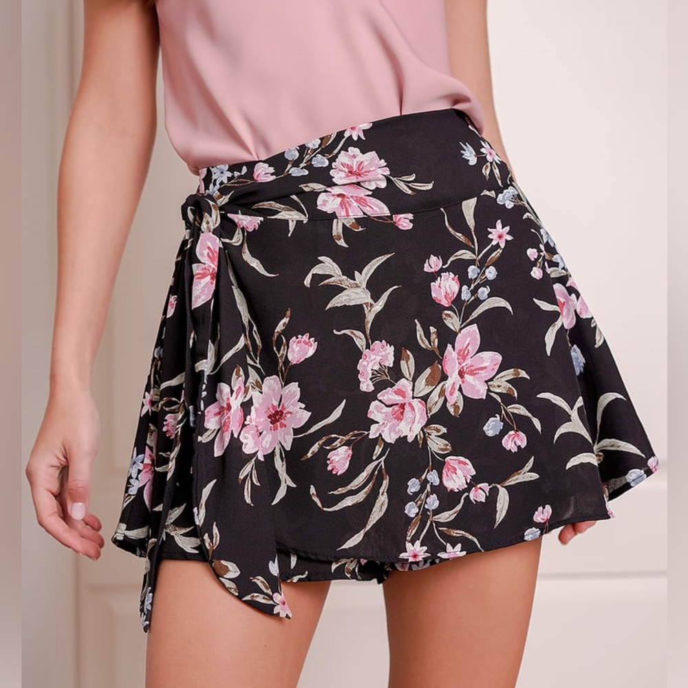Black Floral Print Wrap Skort